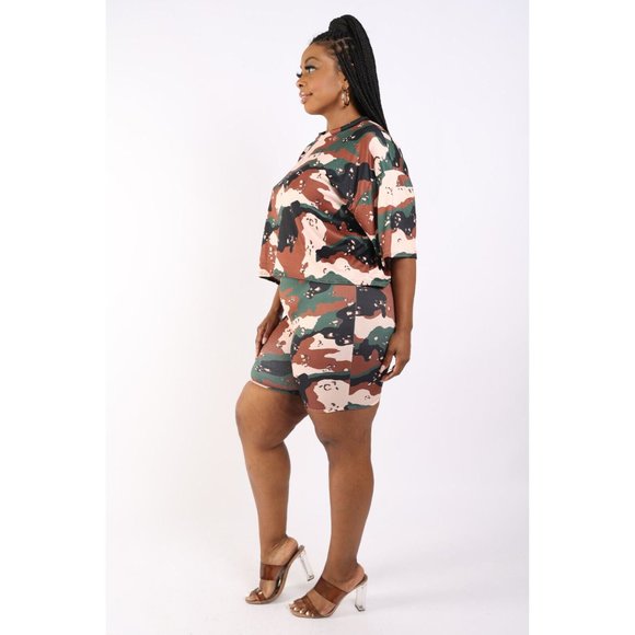 Women's Camo Printed Crop Top And Matching Biker Shorts Cute Set Plus Curvy Size - Picture 4 of 11